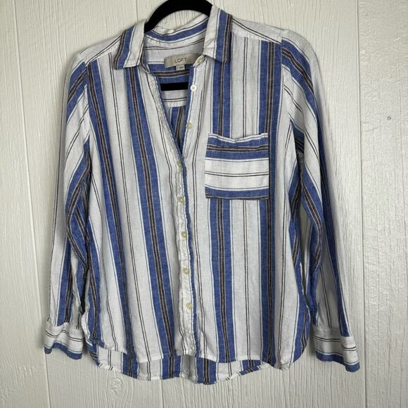 LOFT Striped Linen Blend Everyday Pocket Shirt Button Front Size Small - Picture 8 of 8
